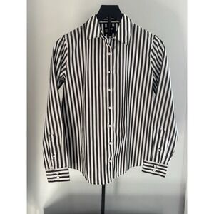 Lands' End Black White Striped Button Down Shirt Women's 4 Cotton Chic Classic